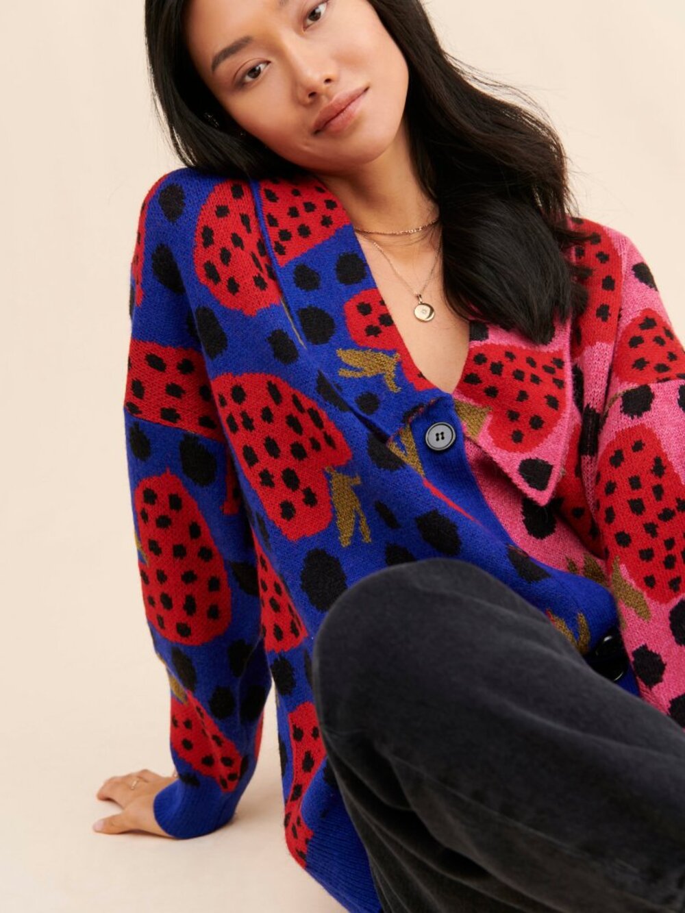 FARM Rio Strawberry Hearts Cardigan Sweater – Pink & Blue Split Print (Size M) - Picture 2 of 8